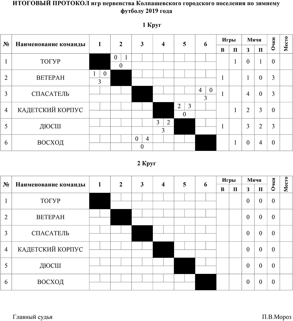 Итоговый протокол по футболу образец